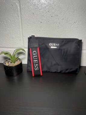 GUESS Black Nylon Wrist Pouch with Red Logo Strap